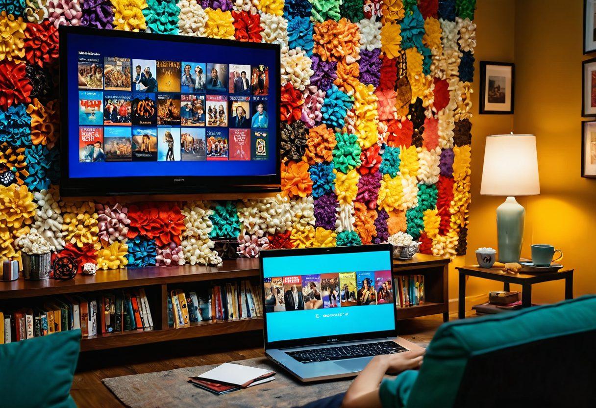 A vibrant collage of a television screen showing iconic TV series clips, intertwined with a laptop display featuring web series reviews. In the background, an audience watching intently, popcorn in hand, radiating excitement. Incorporate colorful streamers and gears symbolizing discovery and engagement. A cozy living room setting adds warmth. super-realistic. vibrant colors. 3D.