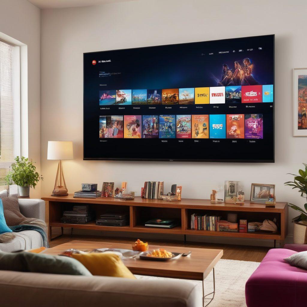 A modern, sleek living room filled with a large smart TV displaying various streaming icons. In the foreground, a diverse group of friends animatedly discussing and recommending shows, with snacks and drinks scattered around. The room is warmly lit, with a cozy couch and a bookshelf filled with DVDs and books about cinema. Colorful banners showcasing popular streaming titles hang on the walls. super-realistic. vibrant colors. cozy atmosphere.