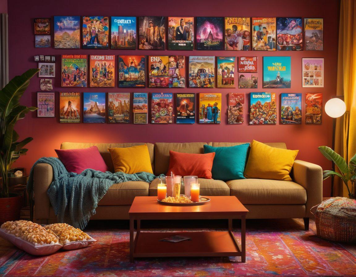 An open laptop displaying vibrant thumbnails of various binge-worthy series, surrounded by popcorn and drinks. Include a cozy living room setting with a comfy couch and dimmed lights to evoke a cinematic experience. Add an ambiance of enthusiasm and anticipation with colorful posters of popular shows on the walls. super-realistic. vibrant colors. cozy atmosphere.